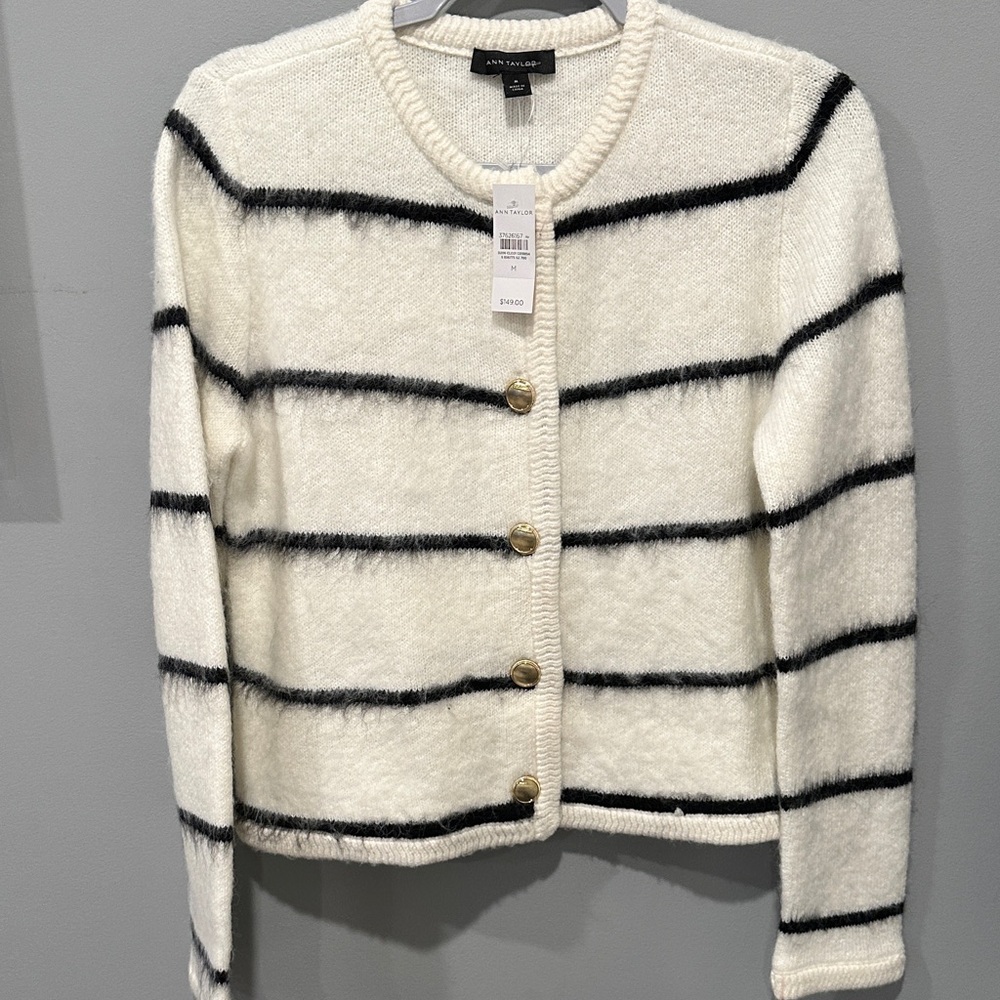 Ann Taylor Cream and Black Striped Sweater with Gold Buttons